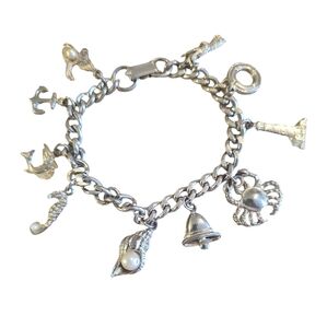 Chunky Charm Bracelet, Vintage Nautical Ocean Vacation Theme, Silvertone